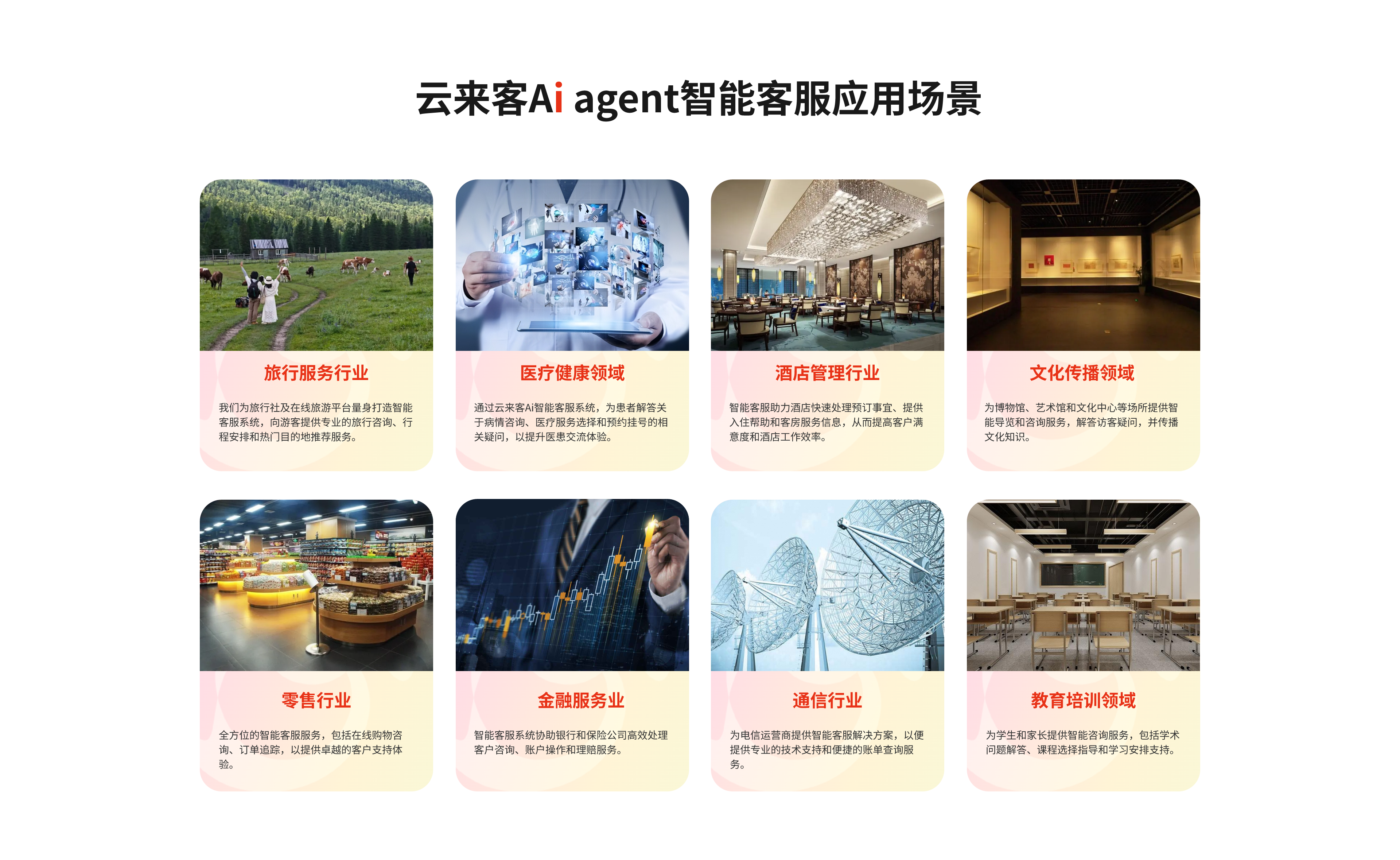 使用场景
1.旅行服务行业：我们为旅行社及在线旅游平台量身打造智能客服系统，向游客提供专业的旅行咨询、行程安排和热门目的地推荐服务。
2.医疗健康领域：通过云来客Ai智能客服系统，为患者解答关于病情咨询、医疗服务选择和预约挂号的相关疑问，以提升医患交流体验。
3.酒店管理行业：智能客服助力酒店快速处理预订事宜、提供入住帮助和客房服务信息，从而提高客户满意度和酒店工作效率。
4.文化传播领域：为博物馆、艺术馆和文化中心等场所提供智能导览和咨询服务，解答访客疑问，并传播文化知识。
5.零售行业：全方位的智能客服服务，包括在线购物咨询、订单追踪，以提供卓越的客户支持体验。
6.金融服务业：智能客服系统协助银行和保险公司高效处理客户咨询、账户操作和理赔服务。
7.通信行业：为电信运营商提供智能客服解决方案，以便提供专业的技术支持和便捷的账单查询服务。
8.教育培训领域：为学生和家长提供智能咨询服务，包括学术问题解答、课程选择指导和学习安排支持。