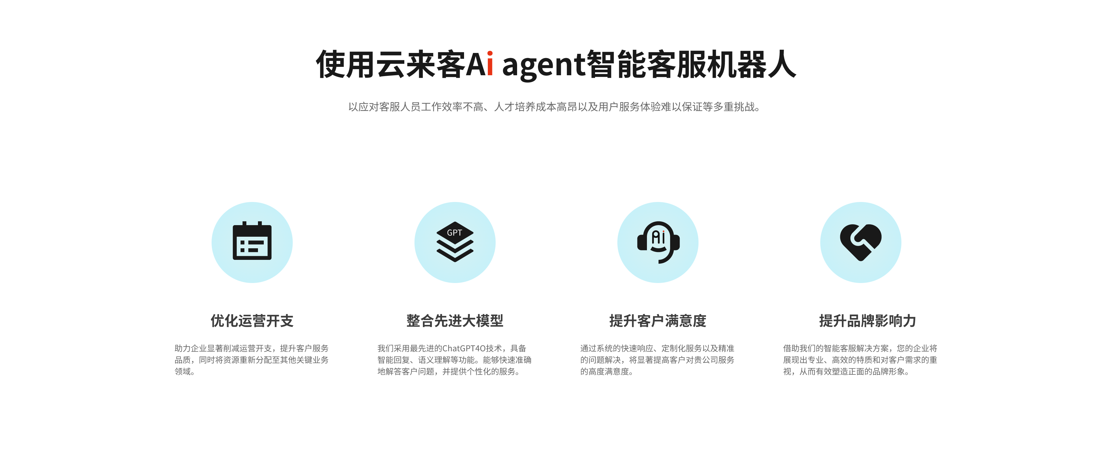 优化运营开支
助力企业显著削减运营开支，提升客户服务品质，同时将资源重新分配至其他关键业务领域。	整合先进大模型
我们采用最先进的ChatGPT4O技术，具备智能回复、语义理解等功能。能够快速准确地解答客户问题，并提供个性化的服务。


提升客户满意度
通过系统的快速响应、定制化服务以及精准的问题解决，将显著提高客户对贵公司服务的高度满意度。	提升品牌影响力
借助我们的智能客服解决方案，您的企业将展现出专业、高效的特质和对客户需求的重视，从而有效塑造正面的品牌形象。


